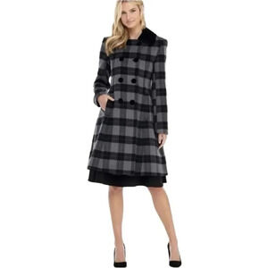 Gal Meets Glam Pea Coat Large Marnette Wool Plaid Velvet Black Double Breasted